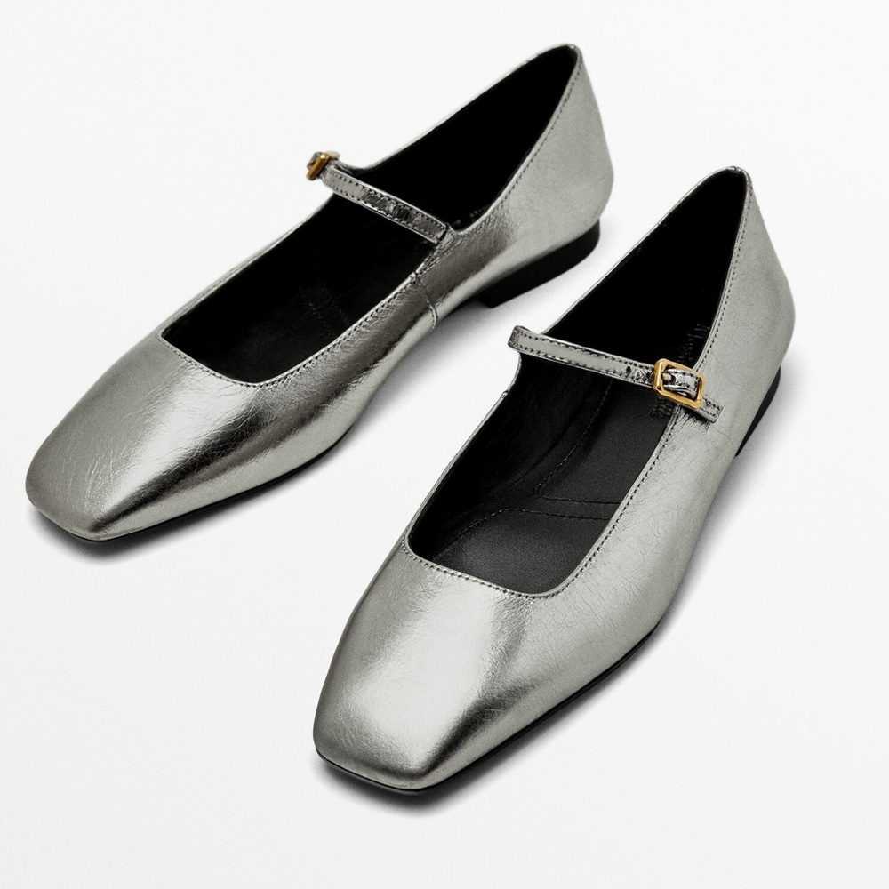 NWT Massimo Dutti Metallic Silver Square Toe Mary Jane Ballet Flats Size 10‎
